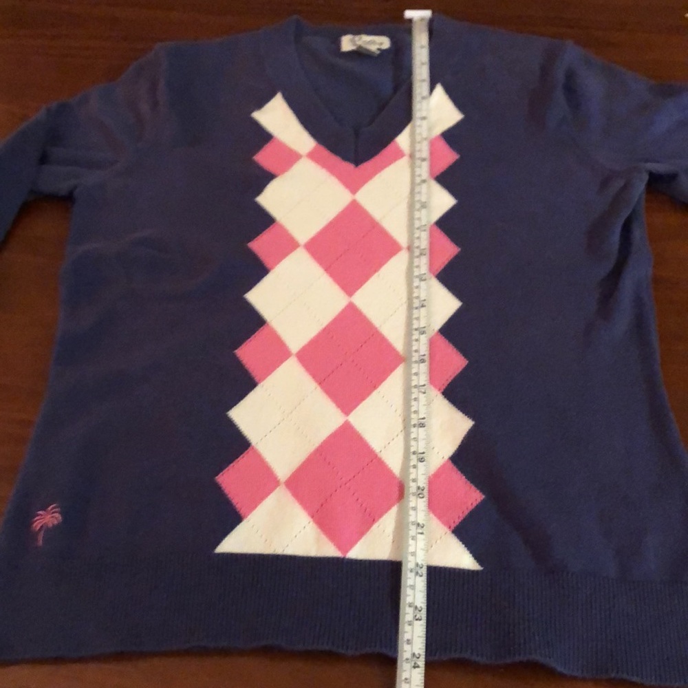Lilly Pulitzer V-Neck Argyle Sweater Top Long-Sleeve Blue/White/Pink Shirt - Picture 9 of 12